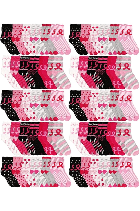 60 Pair of Women Fuzzy Socks Crew Socks, Warm Butter Soft (9-11) (60 Pairs Gripper Pink Breast Cancer Awareness)