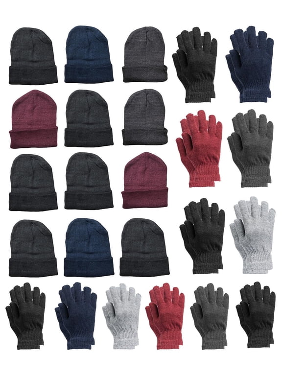 Adult Unisex Cold Weather Hat & Glove Set, Dark Assorted Colors, 24-Piece