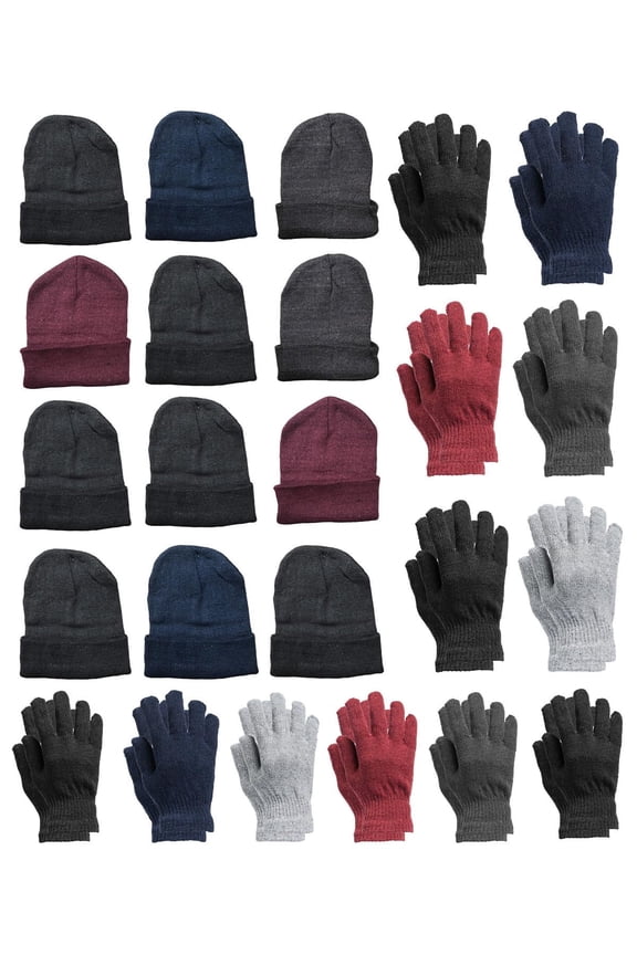 Adult Unisex Cold Weather Hat & Glove Set, Dark Assorted Colors, 24-Piece