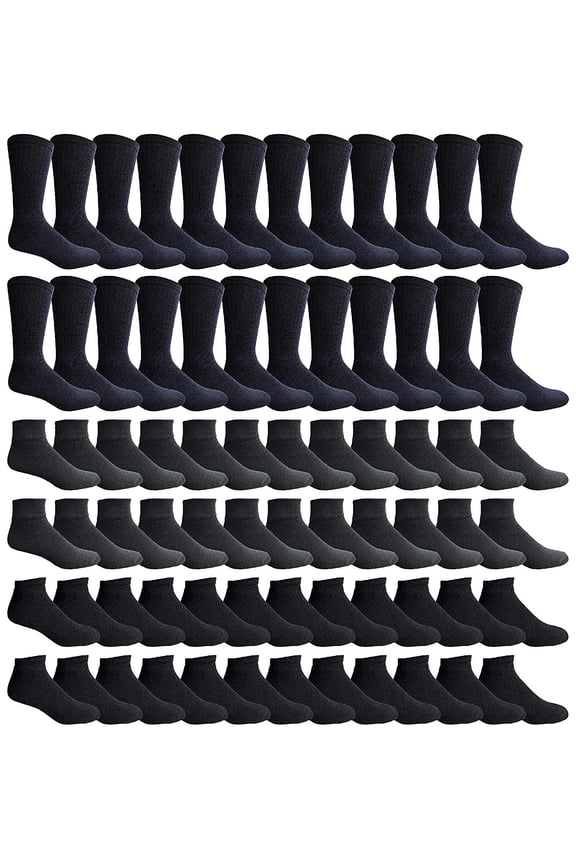 Bulk Thick Cotton Socks Wholesale Men, Womans or Kids Crew Cut, Ankle and Low Cut Mix Sport Socks - 72 Pairs (Solid Black, Kids 6-8)