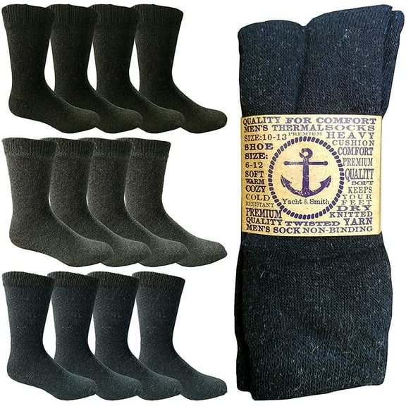 Yacht & Smith Cotton Thermal Crew Socks, Men, Warm Thick Boot Sock, Bulk (12 Pack Assorted Crew)