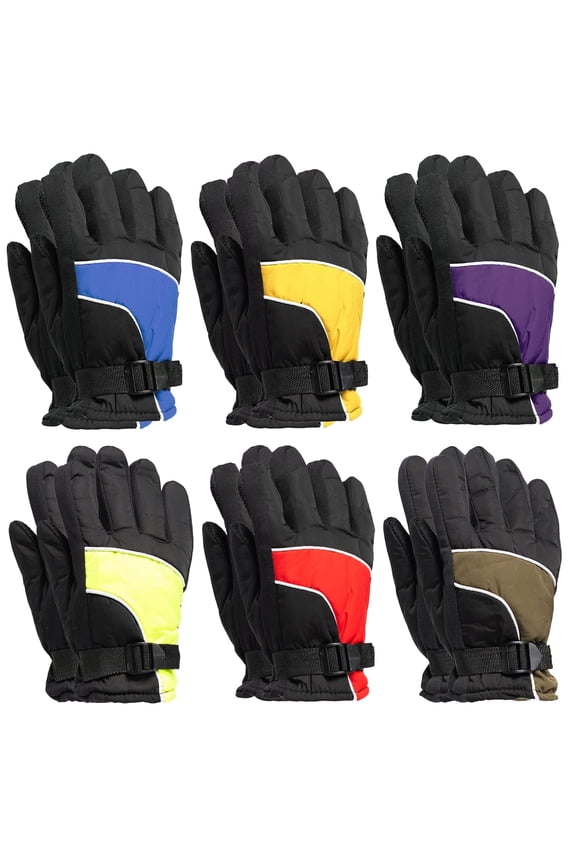 Kids Ski Glove, Fleece Lined Water Resistant Bulk Kids Winter Gloves (6 Pack Assorted)