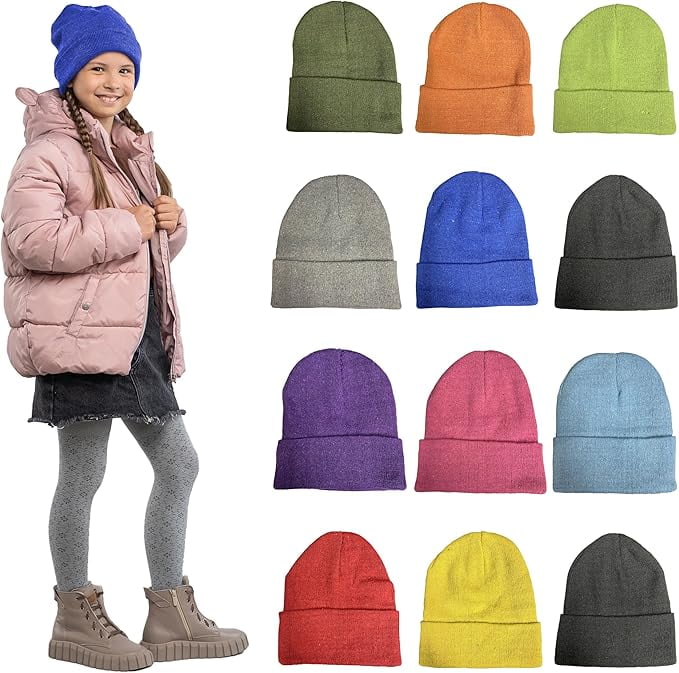 12 Pack Kids Winter Beanie Hat Assorted Colors Bulk Pack Warm Acrylic Cap for Children