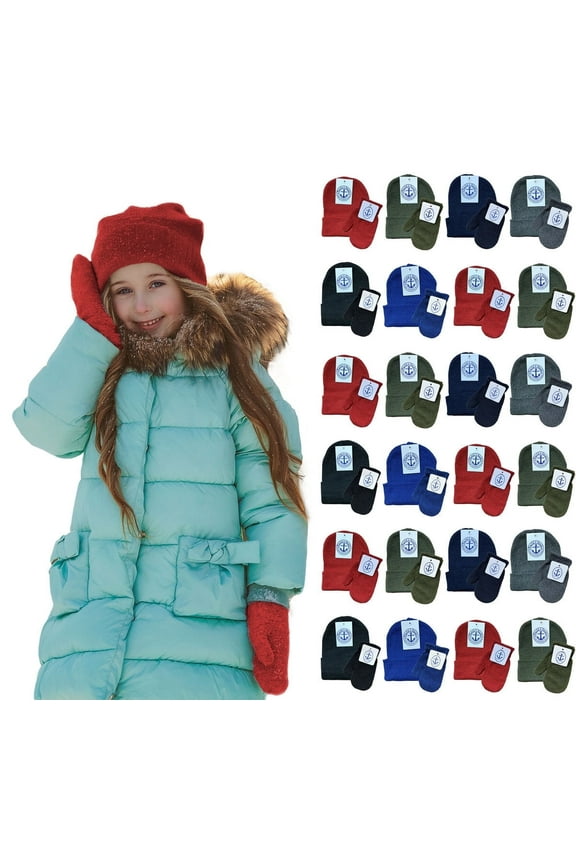 Kids Winter Beanie Hat Assorted Colors Bulk Pack Warm Acrylic Cap (Hat & Mitten Set A)
