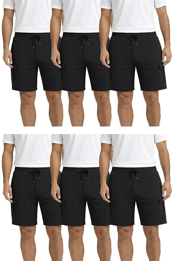 6 Pack Men’s 5 Pocket Fleece Cargo Shorts, Cotton, Drawstring, Bulk Athletic Lounge Shorts, Black, Size Large