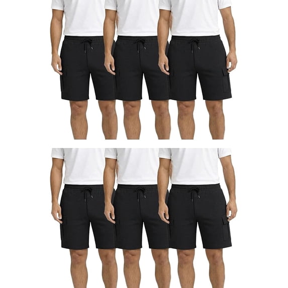 Yacht & Smith 6 Pack Men’s 5 Pocket Fleece Cargo Shorts, Cotton, Drawstring, Bulk Athletic Lounge Shorts, Black, Size Small