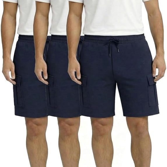 Yacht & Smith 3 Pack Men’s 5 Pocket Fleece Cargo Shorts, Cotton, Drawstring, Bulk Athletic Lounge Shorts, Navy, Size Medium