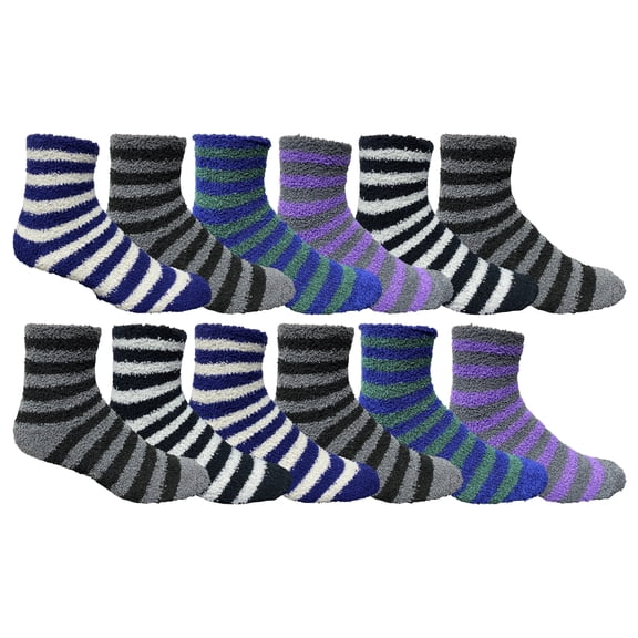 Yacht & Smith Mens Fuzzy Socks, Soft Warm Winter Slipper Plush Sock (12 Pairs Striped)