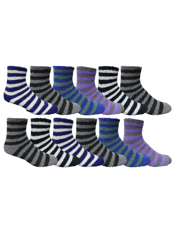 Mens Fuzzy Socks, Soft Warm Winter Slipper Plush Sock (12 Pairs Striped)