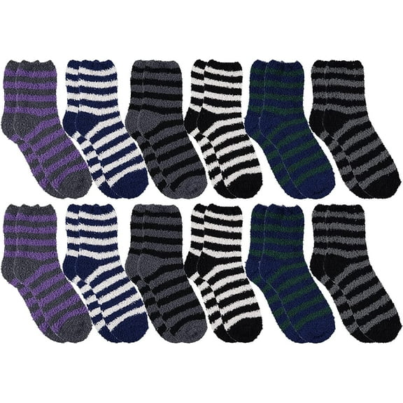 Yacht & Smith Mens Fuzzy Socks, Soft Warm Winter Slipper Plush Sock (12 pairs Striped)