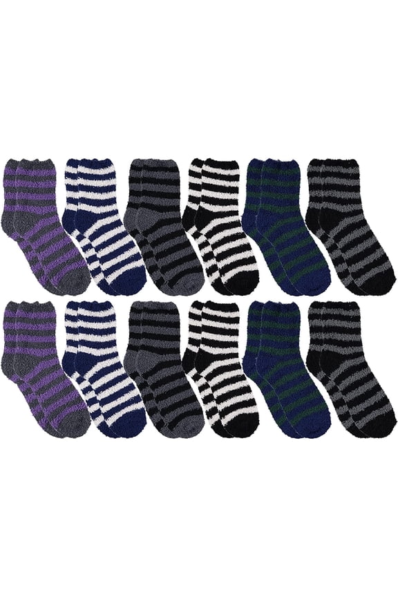 Mens Fuzzy Socks, Soft Warm Winter Slipper Plush Sock (12 pairs Striped)