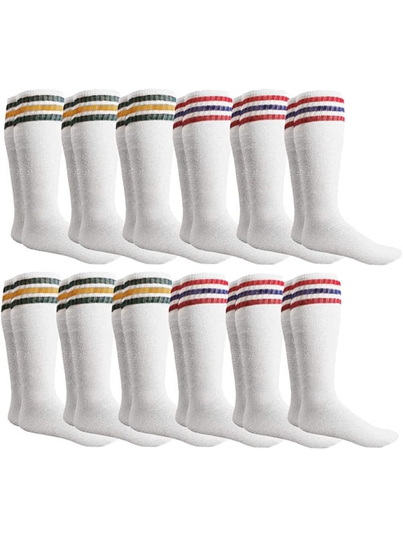 Mens Referee Cotton Tube Socks, Solid and Striped, Sports Sock, Casual Sock, (12 Pairs White with Stripes)