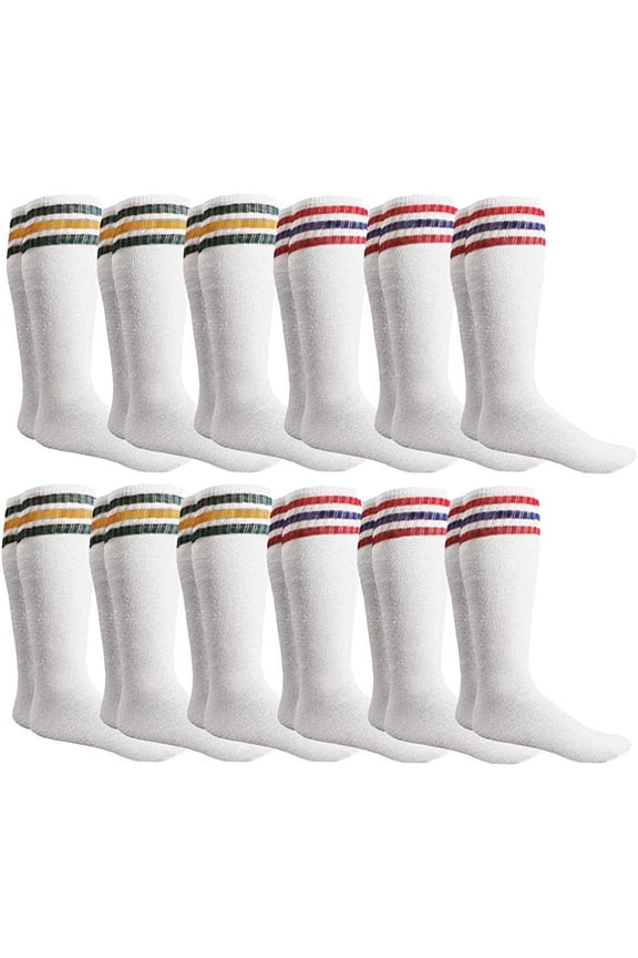 Mens Referee Cotton Tube Socks, Solid and Striped, Sports Sock, Casual Sock, (12 Pairs White with Stripes)