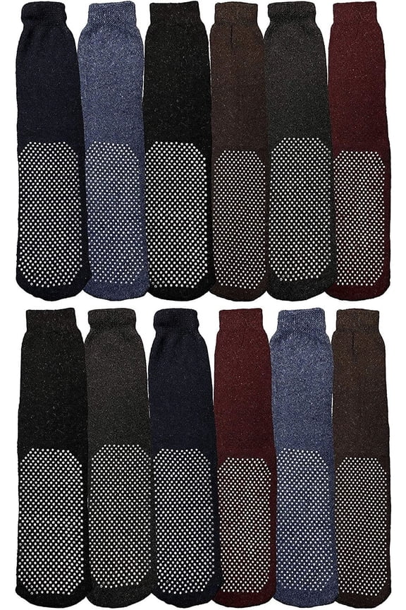 Mens Thermal Slipper Socks, Non-Skid with Gripper Bottom, Hospital Tube Socks, Assorted Colors (12 Pairs Assorted B, (10-13))