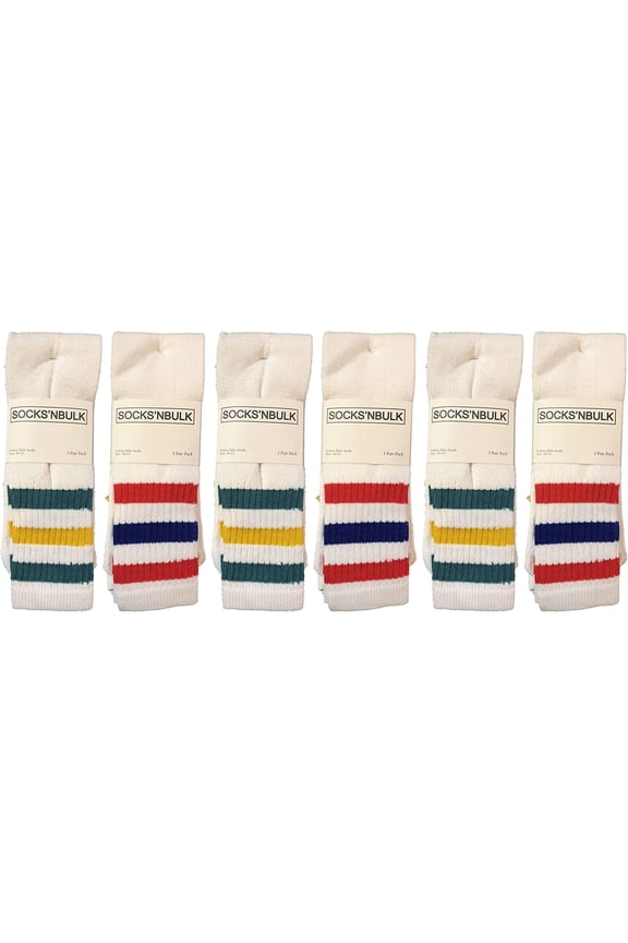 Mens & Womens Wholesale Bulk Cotton Tube Socks, Referee Style, by SOCKS'NBULK (6 Pairs White w/Stripes, Mens 10-13 (Shoe Size 7-12))
