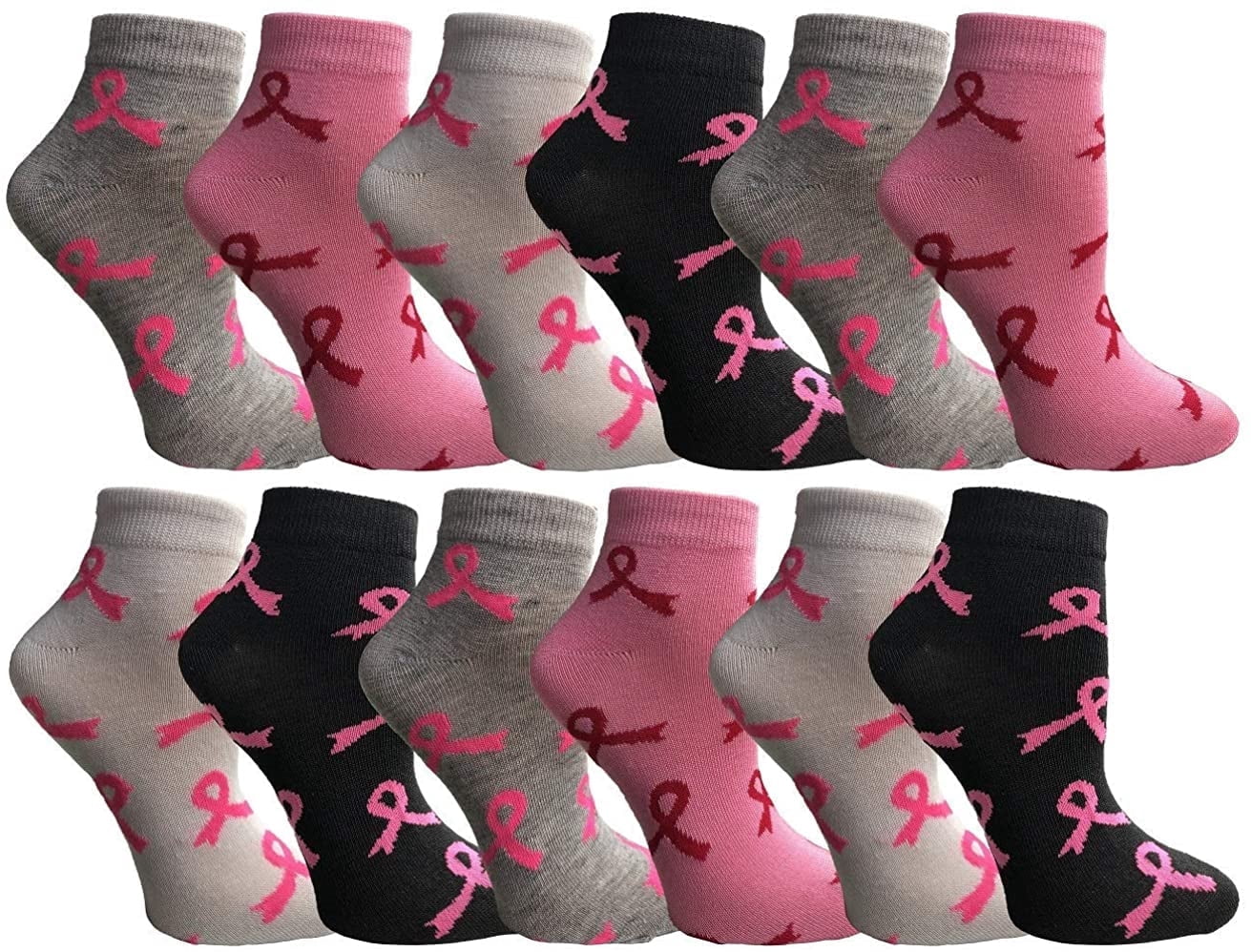 Yacht & Smith Pink Ribbon Breast Cancer Awareness Ankle/Crew Socks for Women (12 Pairs Assorted (Ankle) Women (9-11))