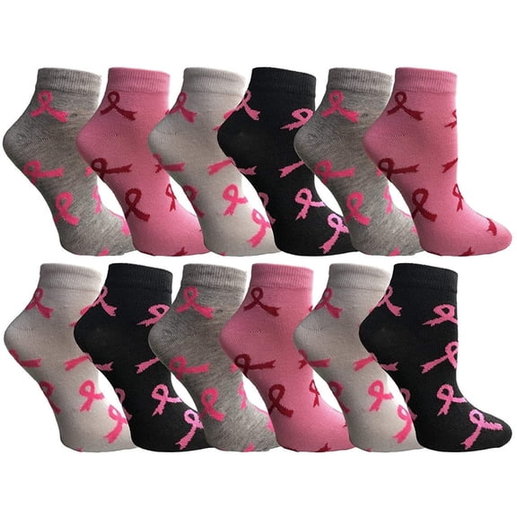 Yacht & Smith Pink Ribbon Breast Cancer Awareness Ankle/Crew Socks for Women (12 Pairs Assorted (Ankle) Women (9-11))