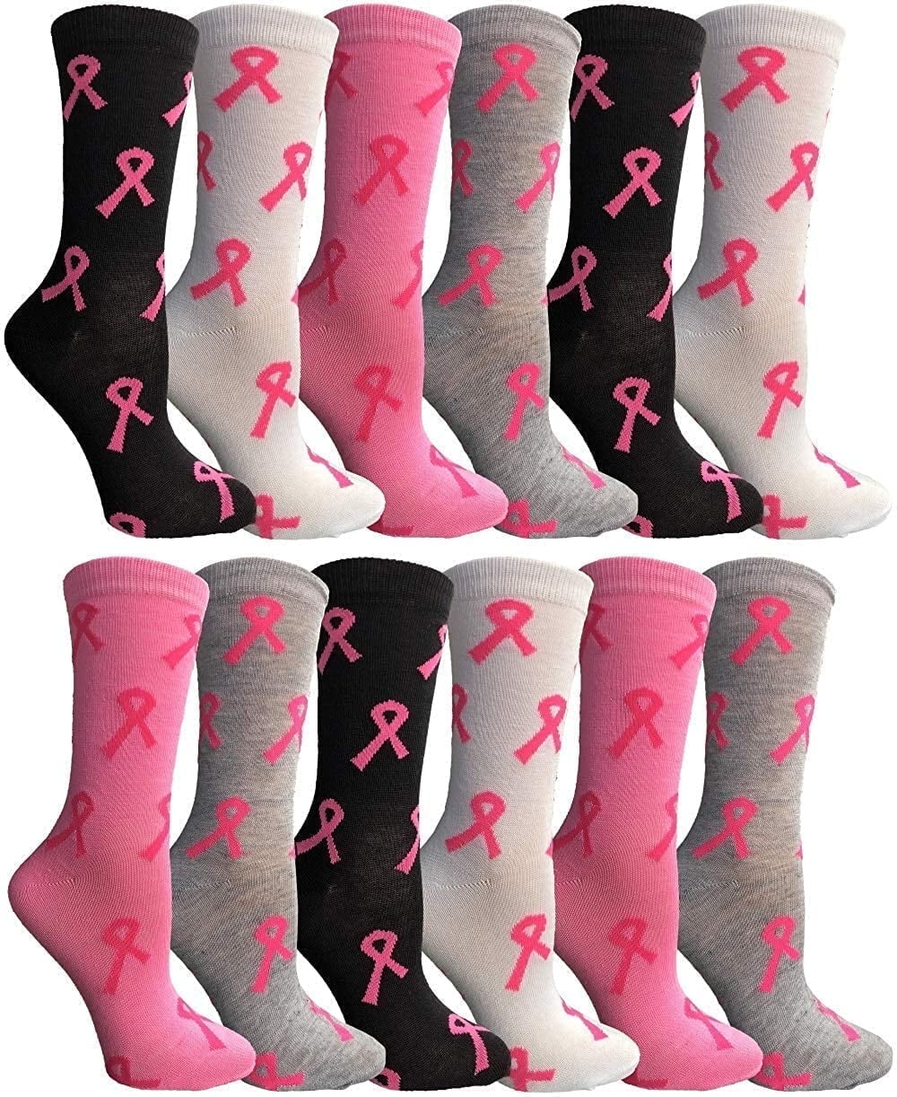 Yacht & Smith Pink Ribbon Breast Cancer Awareness Ankle/Crew Socks for Women (12 Pairs Assorted (Crew) Women (9-11))