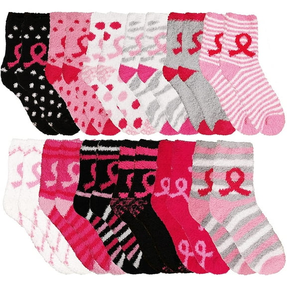 Yacht & Smith Pink Ribbon Breast Cancer Awareness Ankle/Crew Socks for Women (12 Pairs Motif Design, 9-11)