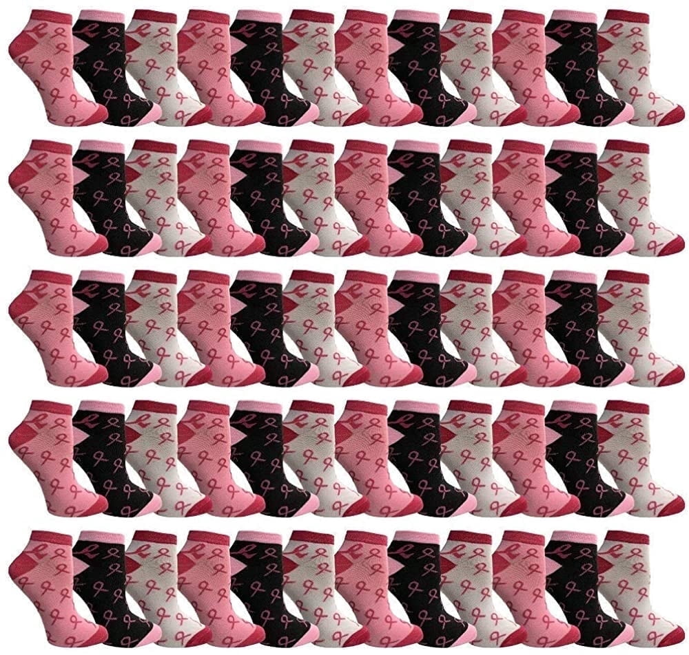 Yacht & Smith Pink Ribbon Breast Cancer Awareness Ankle/Crew Socks for Women (60 Pairs Assorted A (Ankle)