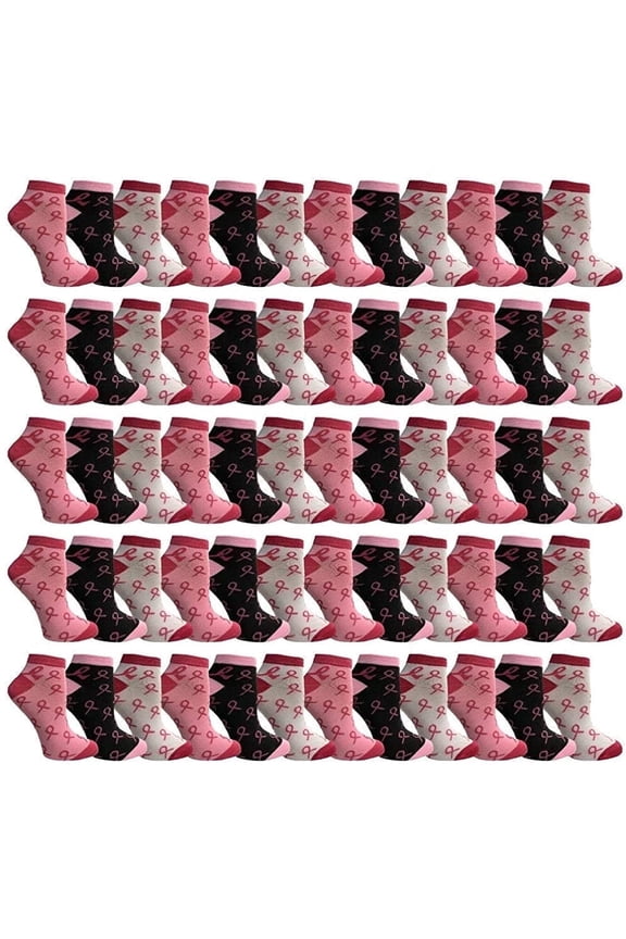 Pink Ribbon Breast Cancer Awareness Ankle/Crew Socks for Women (60 Pairs Assorted A (Ankle)
