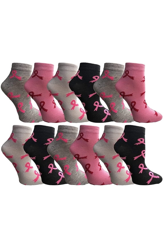 Pink Ribbon Breast Cancer Awareness Ankle/Crew Socks for Women (Assorted Ankle, 12)
