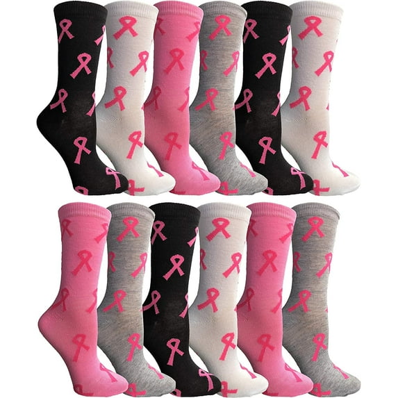 Yacht & Smith Pink Ribbon Breast Cancer Awareness Ankle/Crew Socks for Women (Assorted Crew, 12)