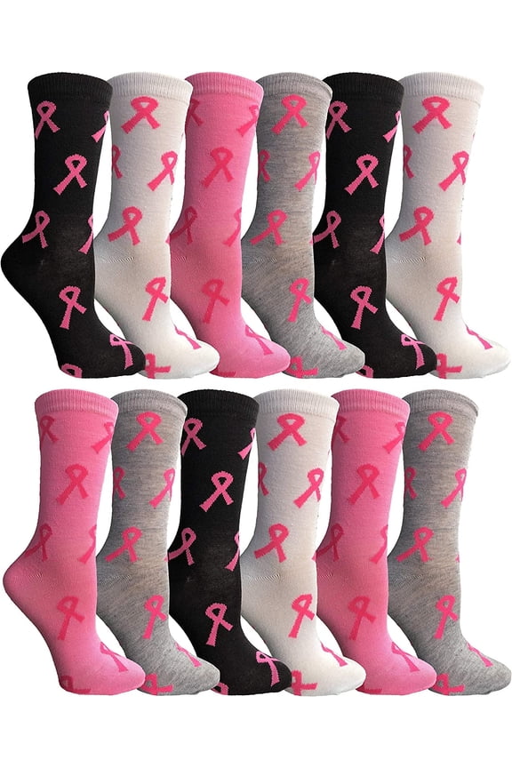 Pink Ribbon Breast Cancer Awareness Ankle/Crew Socks for Women (Assorted Crew, 12)