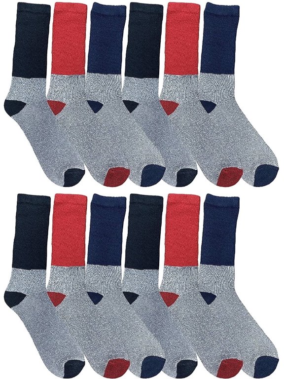 Thermal Diabetic Crew Socks For Men Women, King Size, Soft Marled, Ringspun Cotton, Seamless Toe, Loose Top, Bulk (12 Pairs (Assorted), Mens (10-13))