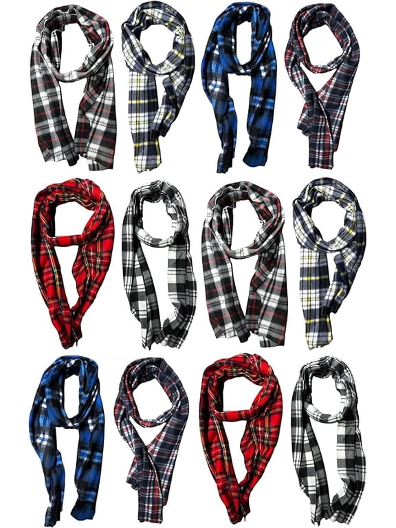 Warm Fleece Knit Winter Neck Scarfs and Bulk, Unisex Black, Plaid Stripe Design (12 PACK FLEECE PLAID)