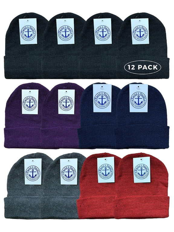 Wholesale Beanies , Bulk Thermal Winter Solid Hat (12 Packs Adults Assorted Solid Beanies)