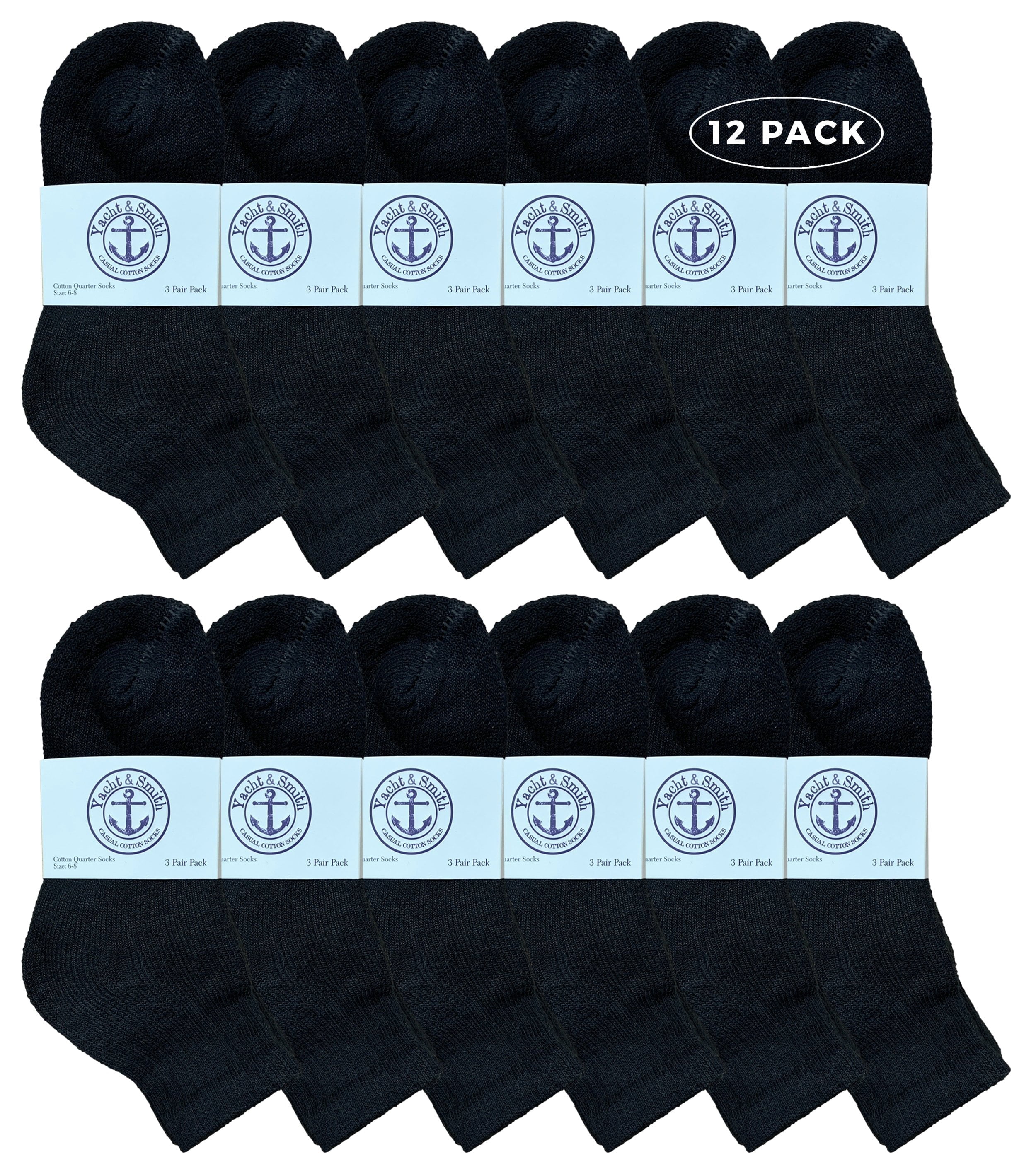 Yacht & Smith Wholesale Bulk Kids Mid Ankle Socks, Cotton Sport Athletic Ankle Socks - 6-8 - Black - 12 Packs