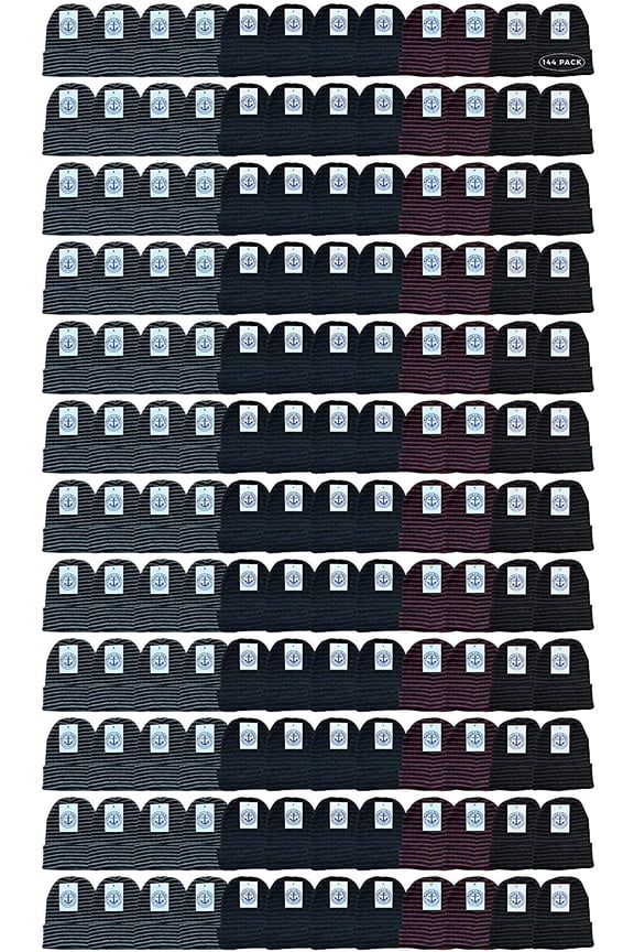 Wholesale Bulk Winter Beanies, Cold Weather Thermal Stretch Skull Cap, Mens Womens Unisex Hat (Pack D/Striped, 144)