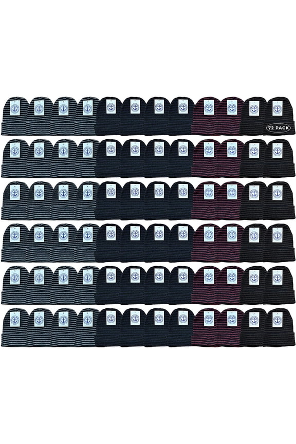 Wholesale Bulk Winter Beanies, Cold Weather Thermal Stretch Skull Cap, Mens Womens Unisex Hat (Pack D/Striped, 72)