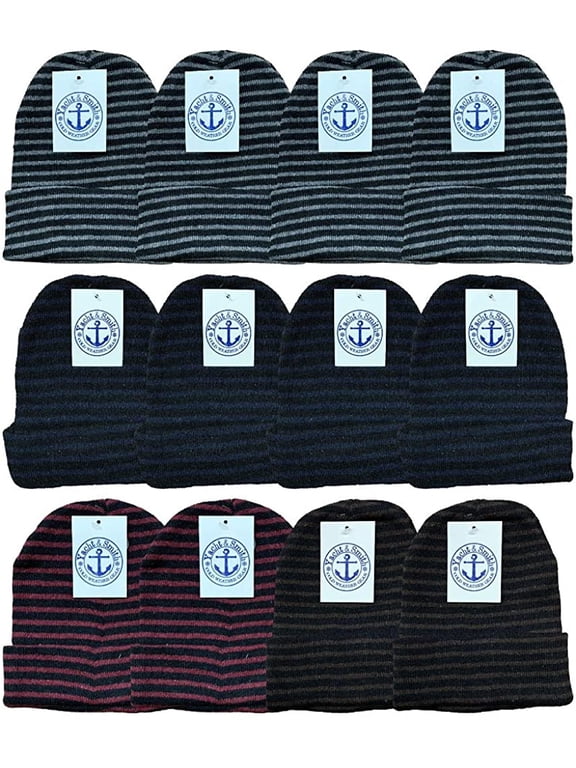 Winter Beanies For Men & Women, Warm Thermal Cold Resistant Bulk Packs (12 Pack Stripes)