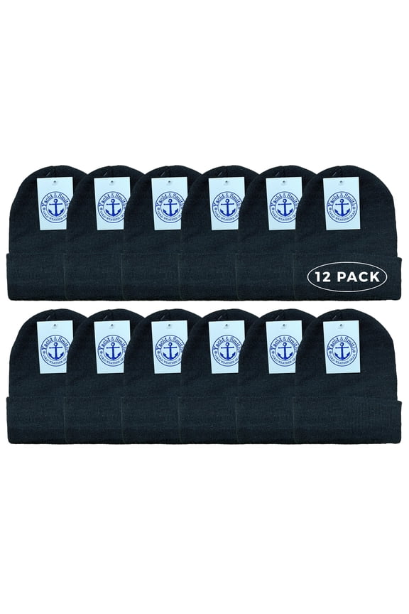 Winter Beanies, Wholesale Bulk Cold Weather Thermal Warm Stretch Skull Cap, Mens Womens Unisex Hat (12 Packs Black)