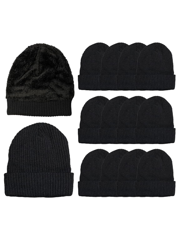 Winter Beanies Wholesale Bulk Cold Weather Unisex Hat (One Size Fits All) (12 Pack Adults (Black Faux Fur Sherpa))