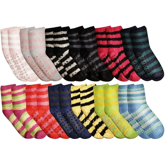 Yacht & Smith Women Fuzzy Socks Crew Socks, Warm Butter Soft (9-11) (12 Pairs Gripper Fuzzy Striped)