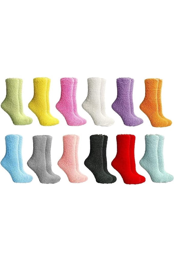 Women Fuzzy Socks Crew Socks, Warm Butter Soft (9-11) (12 Pairs Solid Fuzzy F)