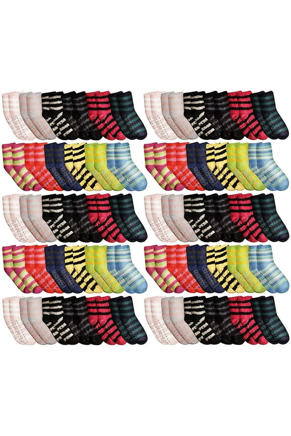 Women Fuzzy Socks Crew Socks, Warm Butter Soft (9-11) (60 Pairs Striped Gripper)