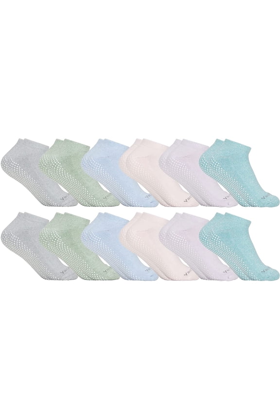 Women's Non Slip No-Skid Socks with Grips, 97% Cotton, For Hospital, Yoga, Pilates, Barre, Grippy Ankle Sock (12 Pairs Marled Pastel)