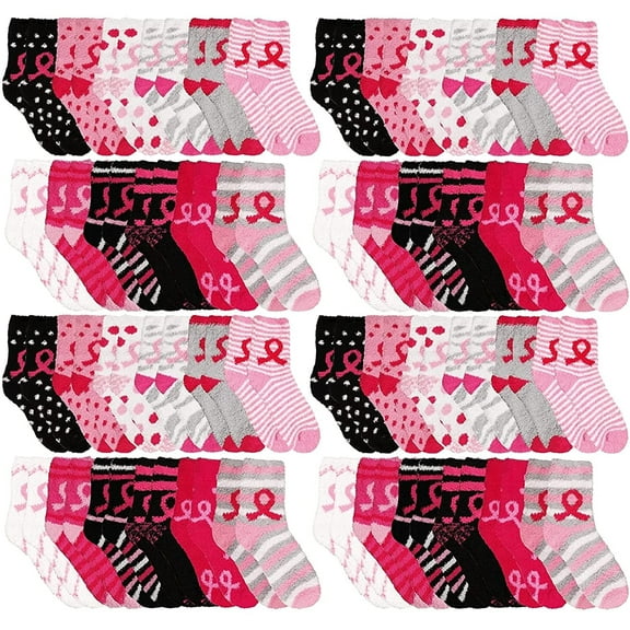 Yacht & Smith Womens Wholesale Bulk Warm And Cozy Fuzzy Socks, Colorful Winter Sock (48 Pairs Pink Breast Cancer Awareness)