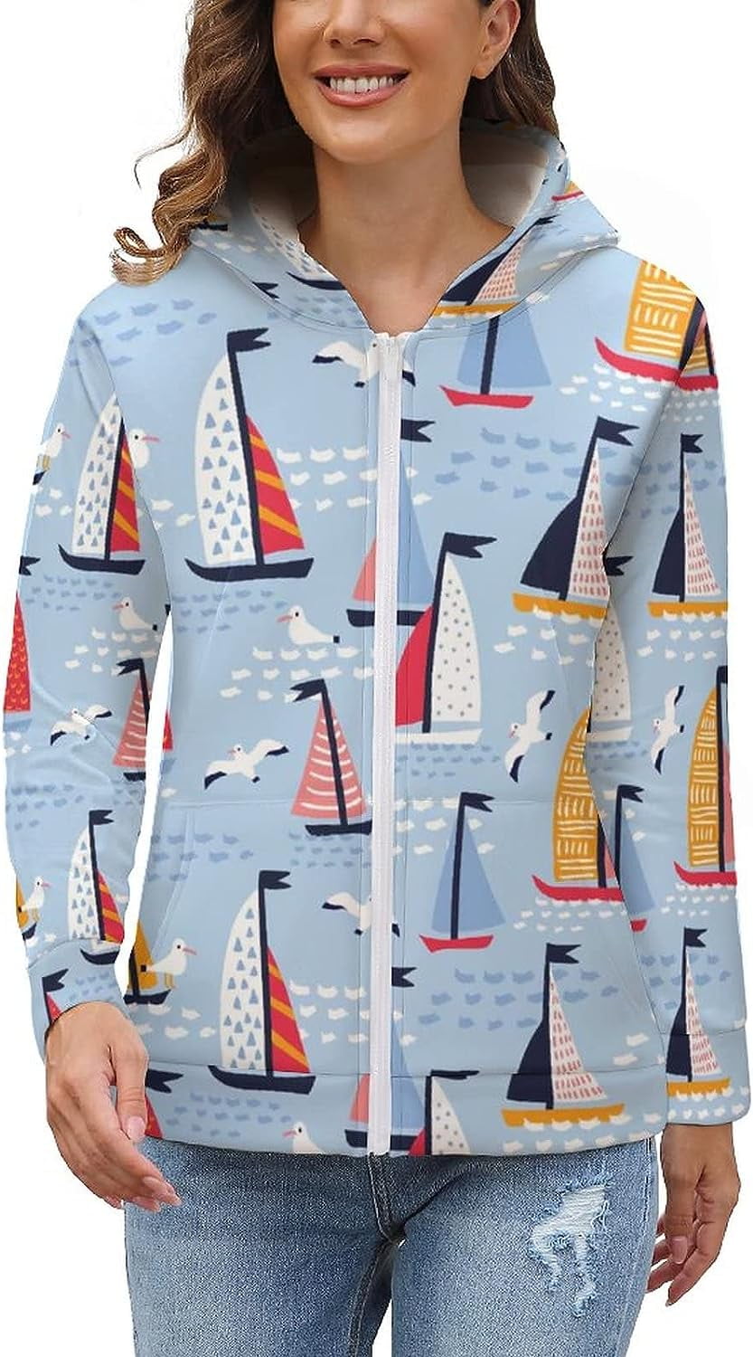 Yachts and Seagulls Women's Full-Zip Hooded Sweatshirt Soft Fleece ...