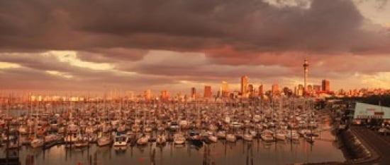 Yachts at Waitemata Harbor Sky Tower Auckland North Island New Zealand Canvas Art - Panoramic Images (30 x 13)
