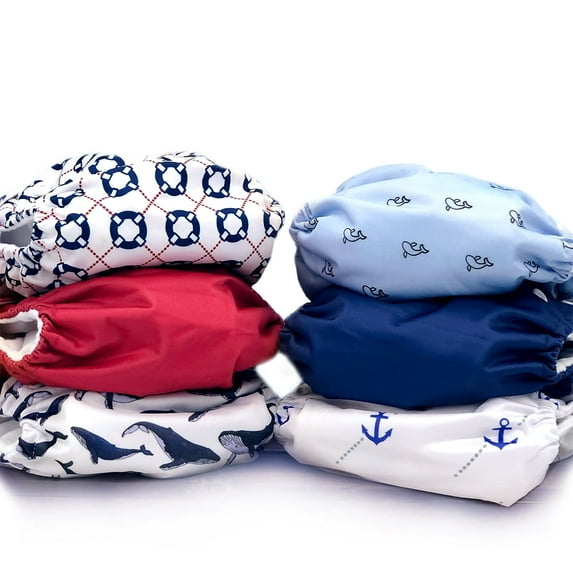 Yachtsman Collection, 6 Pocket Cloth Diapers for Babies in Red, White and Blue Nautical Patterns + 6 Cloth Diaper Inserts | Bubble Butt Baby