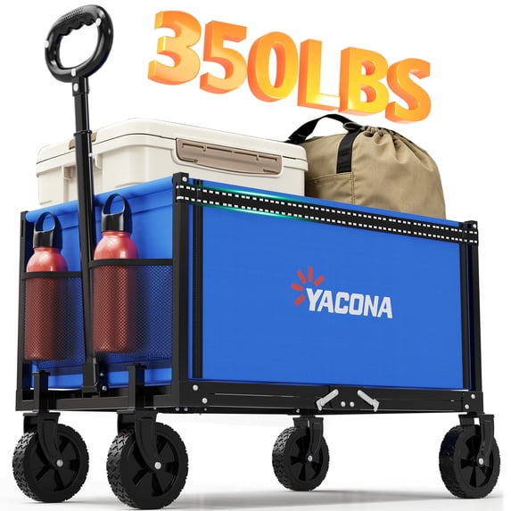 Yacona 3 in 1 Wagons Carts Foldable, Heavy Duty Utility Cart with Wheels, Collapsible Wagon for Beach, Camping, Grocery and Garden, 350LBS, Blue