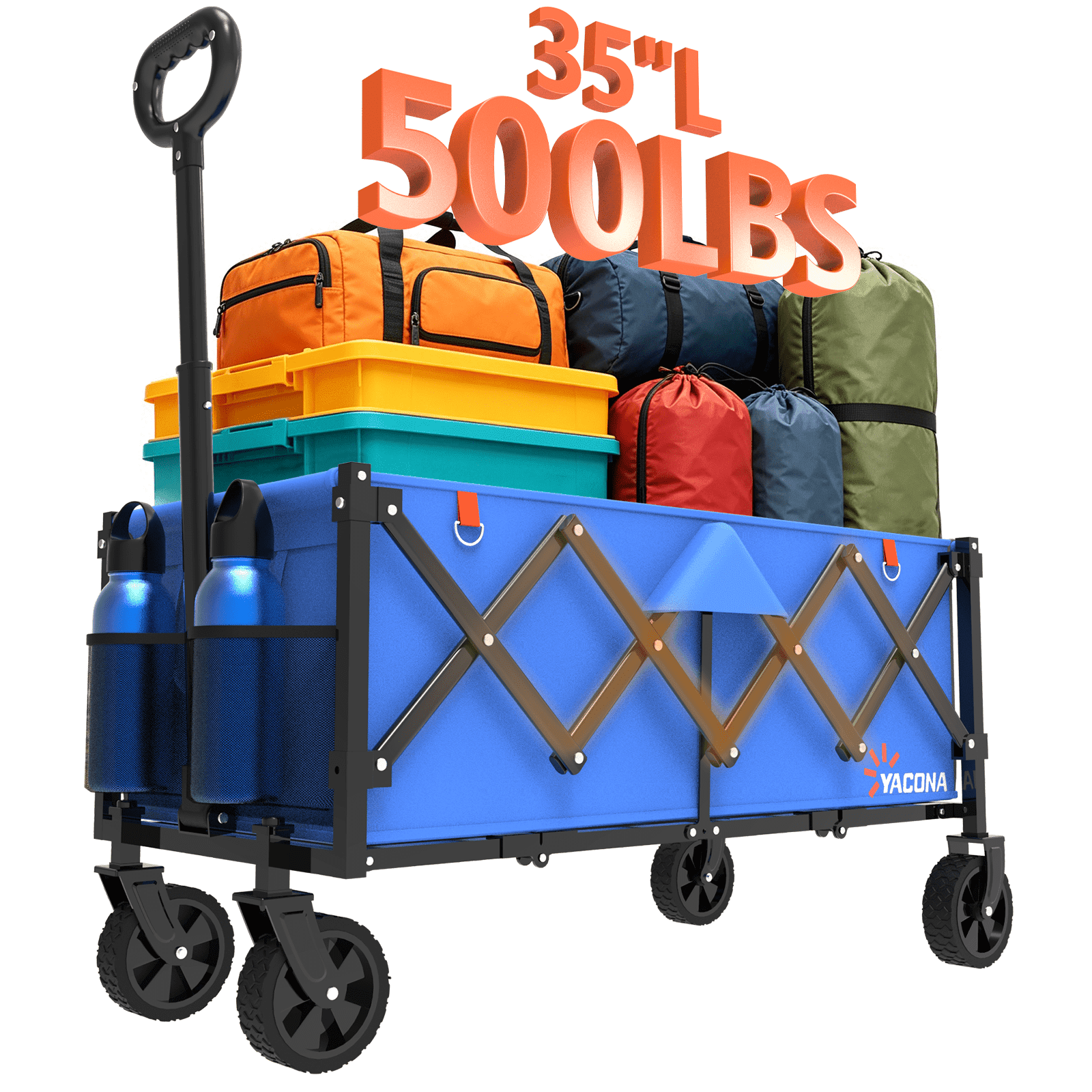 Yacona 35" L Extra Long Wagons Carts Foldable, 180L Capacity Beach Wagon, Heavy Duty Rolling Cart with Wheels, Blue
