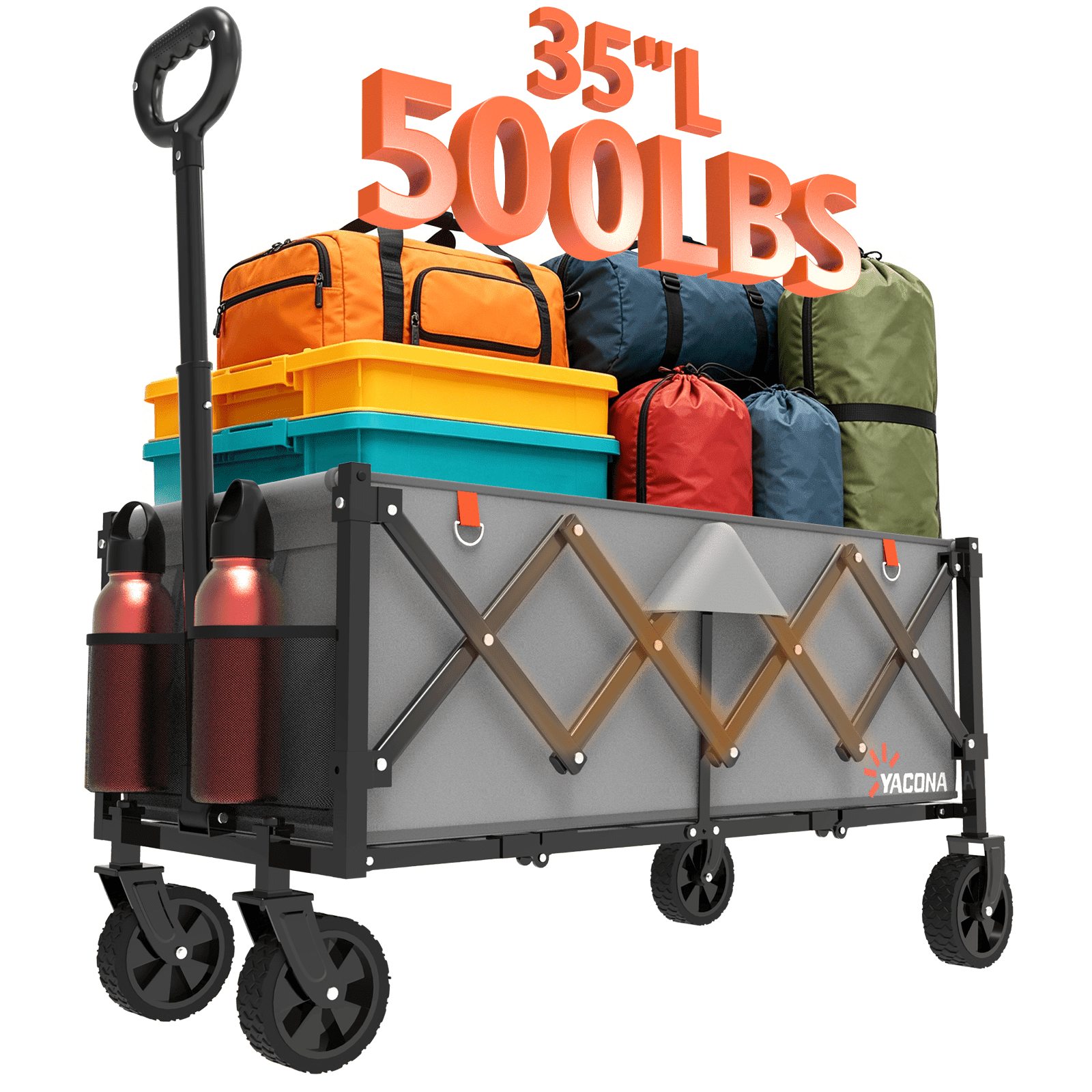 Yacona 35" L Extra Long Wagons Carts Foldable, 180L Capacity Beach Wagon, Heavy Duty Rolling Cart with Wheels, Gray