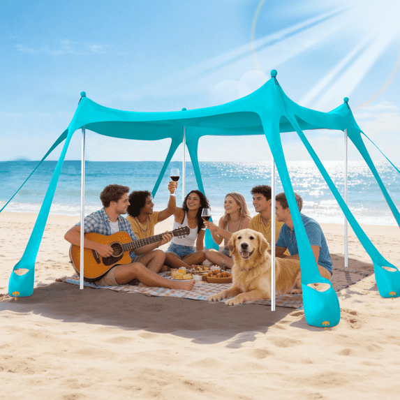 Yacona Beach Tent Sun Shelter, 10'x10' Outdoor Shade Canopy with Sandbags, Beach Umbrellas for Sand Picnics Backyard Camping, Blue-Green