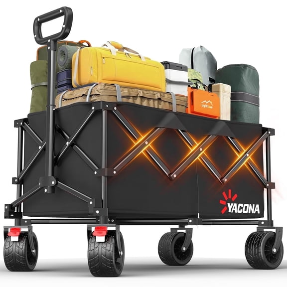 Yacona Collapsible Wagon Cart, 300L Extra Large Foldable Wagon for Camping, Garden, Shopping, Beach, Grocery, Black